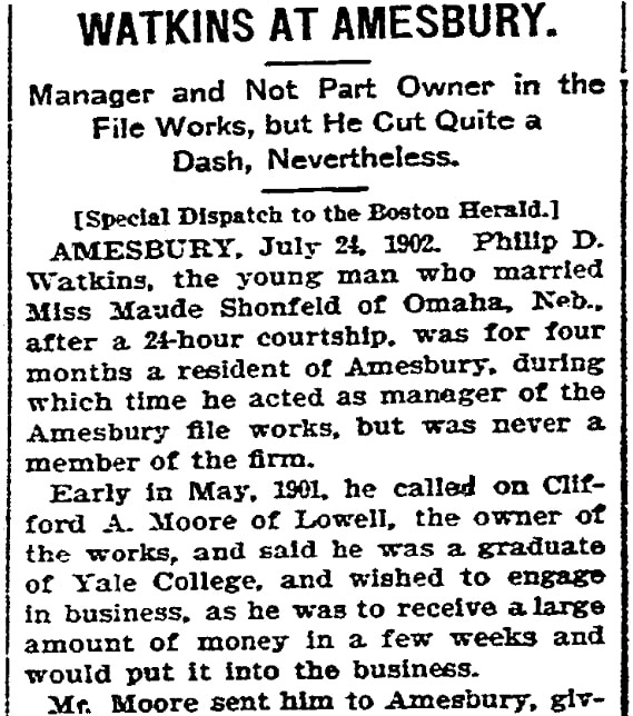 An article about Philip Watkins, Boston Herald newspaper 25 July 1902