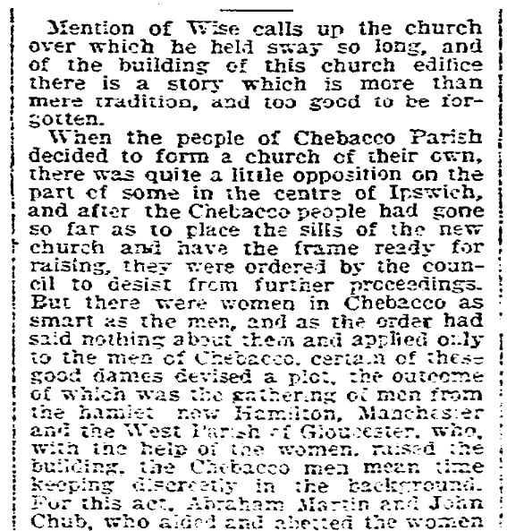 An article about the new meeting house in Chebacco, Massachusetts, Boston Herald newspaper 8 September 1895