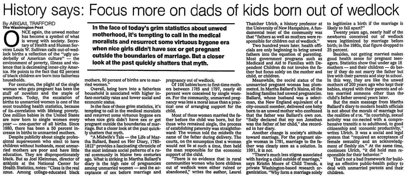 An article about paternity in early America, Flint Journal newspaper 13 January 1991