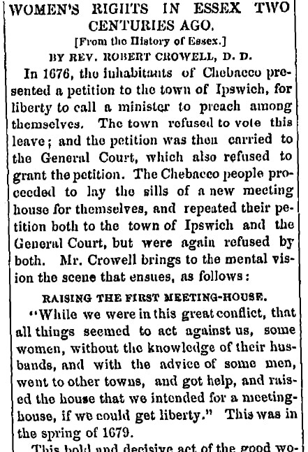 An article about the new meeting house in Chebacco, Massachusetts, Gloucester Telegraph newspaper 17 February 1869