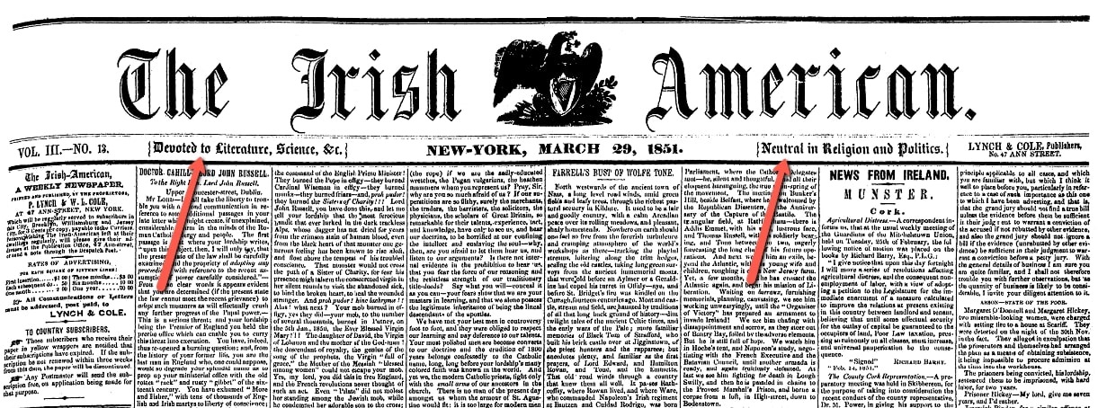 Masthead, Irish American Weekly newspaper 29 March 1851