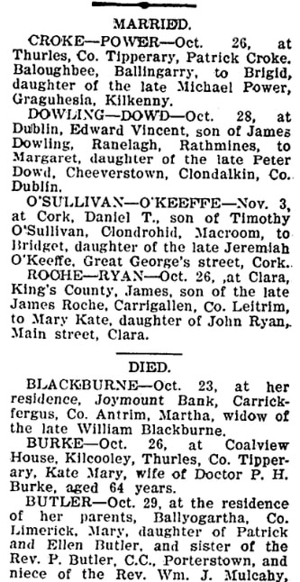 Marriage and death notices, Irish American Weekly newspaper 21 November 1908