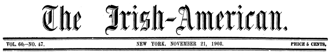 Masthead, Irish American Weekly newspaper 21 November 1908