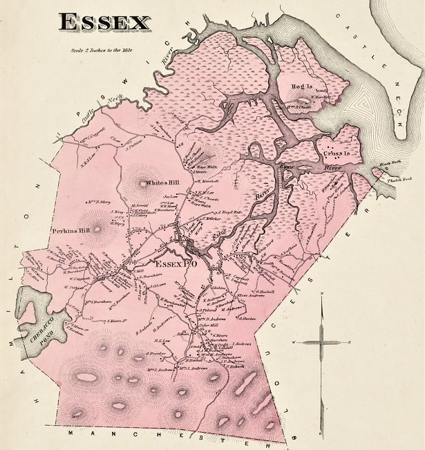 Map: Old Essex, Massachusetts. From: Atlas of Essex County, Massachusetts, from Actual Survey and Official Records; Philadelphia; D.G. Beers & Co., 1872 (p.75). Shows residences and land ownership. Courtesy of Digital Commonwealth.