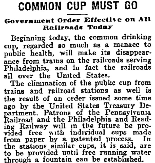 An article about the use of common cups, Philadelphia Inquirer newspaper 1 March 1913