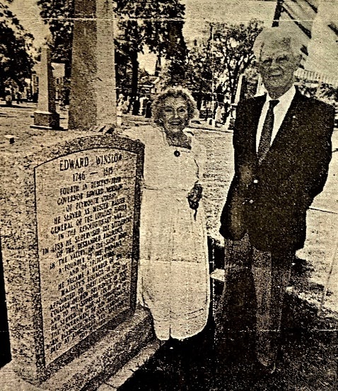 Photo: Charlotte H. Winslow, descendant of Col. Edward Winslow (1746-1815), one of the founders of New Brunswick, Canada, stands next to Lt. Gov. George Stanley at the unveiling of a monument to her ancestor, 21 June 1984. Courtesy of Brian McConnell, historian, New Brunswick, Canada.