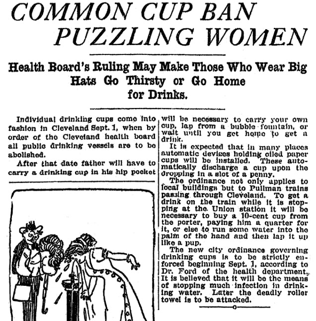 An article about the use of common cups, Plain Dealer newspaper 21 August 1911