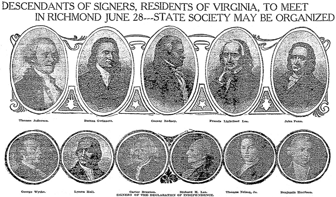 An article about the Declaration of Independence showing portraits of some signers, Richmond Times-Dispatch newspaper 26 June 1910