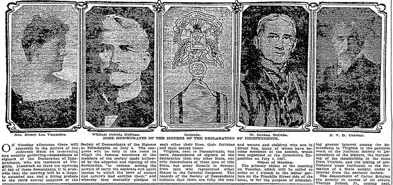 An article about the Declaration of Independence showing photos of descendants of some signers, Richmond Times-Dispatch newspaper 26 June 1910