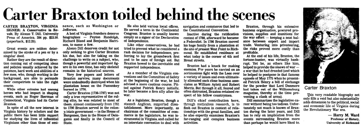 An article about Carter Braxton, Richmond Times-Dispatch newspaper 14 August 1983