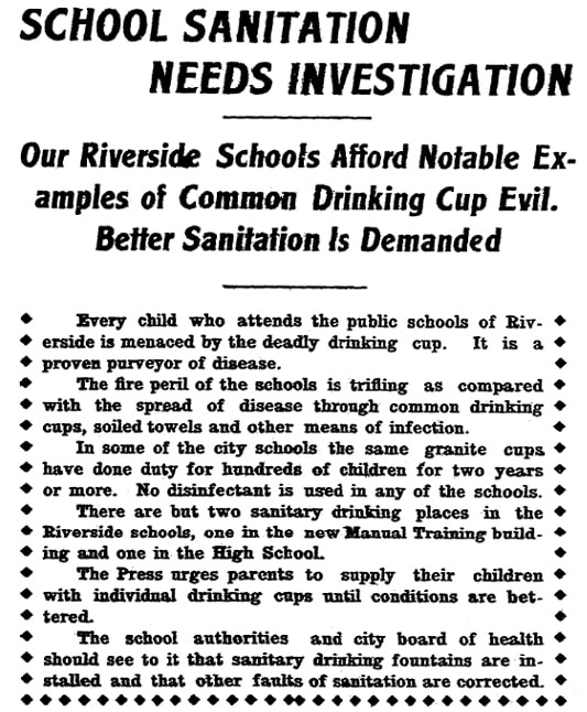 An article about the use of common cups, Riverside Daily Press newspaper 22 January 1910