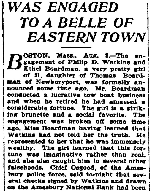 An article about Philip Watkins, San Francisco Call Bulletin newspaper 4 August 1902