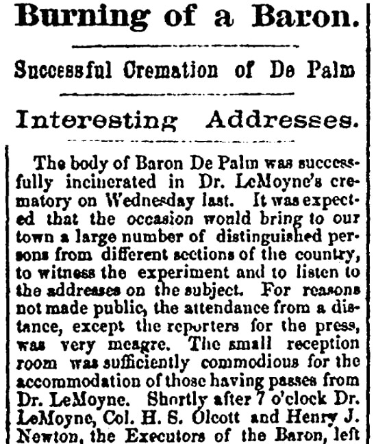 An article about cremation, Washington Review and Examiner newspaper 13 December 1876