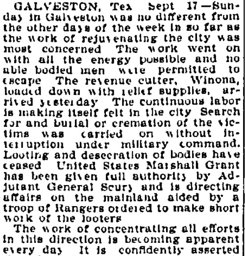 An article about a hurricane in Galveston, Texas, Wilkes-Barre Times newspaper 17 September 1900