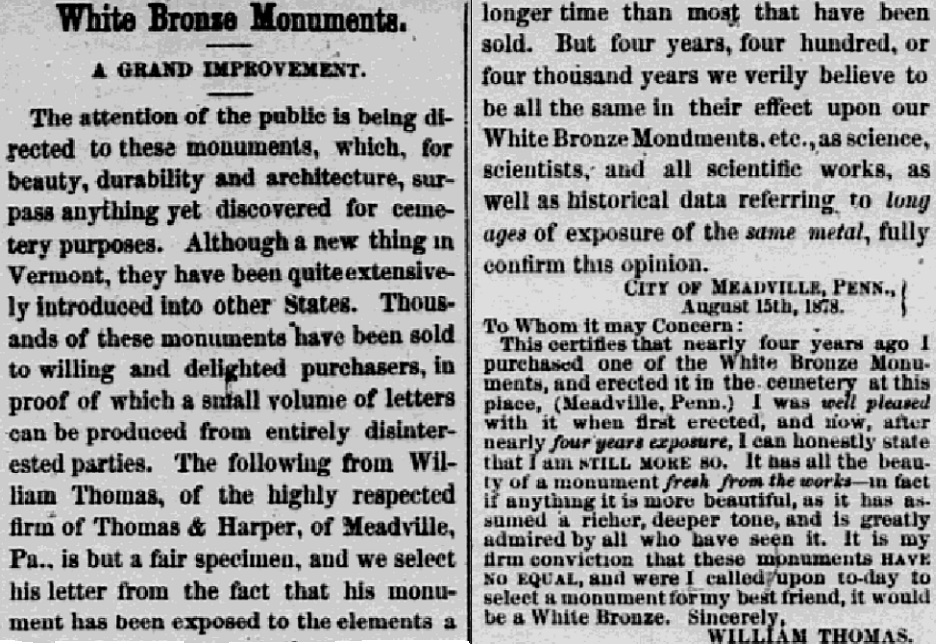 An article about white bronze, Argus and Patriot newspaper 23 April 1879