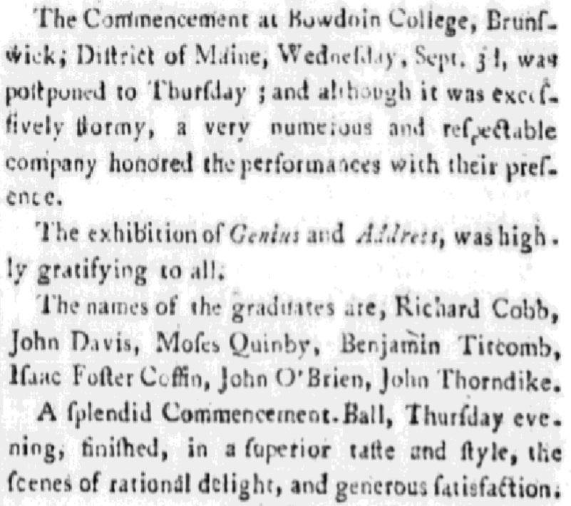 An article about Bowdoin College, Boston Courier newspaper 11 September 1806