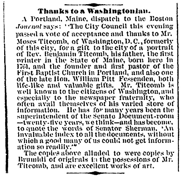 An article about Moses Titcomb, Daily Morning Chronicle newspaper 16 January 1873
