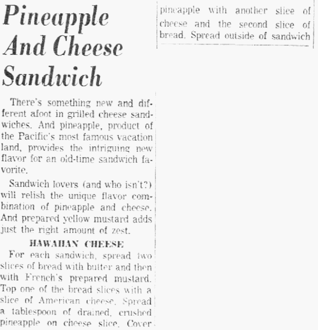 A recipe for grilled cheese sandwiches, Dallas Morning News newspaper 27 August 1954