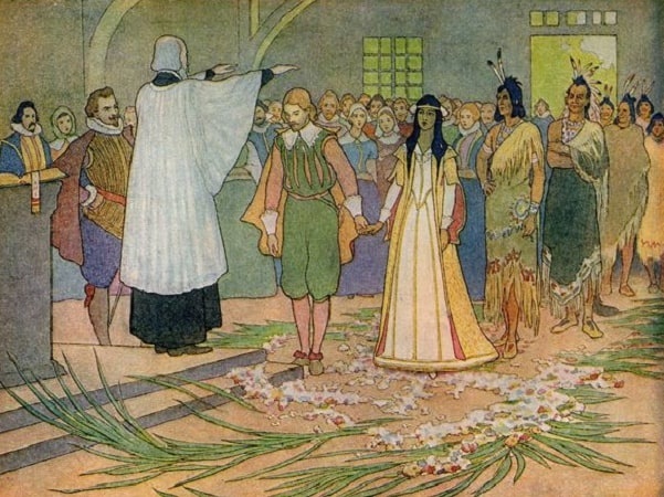 Illustration: the wedding of John Rolfe and Pocahontas, by artist Elmer Boyd Smith, from “The Story of Pocahontas and Captain John Smith,” 1906. Credit: Wikimedia Commons.