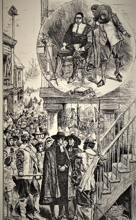 Illustration: Governor John Endicott (inset) sitting in his home and receiving word from a constable that Samuel Shattuck has a message from King Charles II. Outside Endicott’s home, Shattock and his fellow “Friends” are waiting to give the mandamus to him. Credit: from an illustrated version of John Greenleaf Whittier’s poem “The King’s Missive” published in “The Memorial History of Boston, including Suffolk County, Massachusetts, 1630-1880,” 1880.