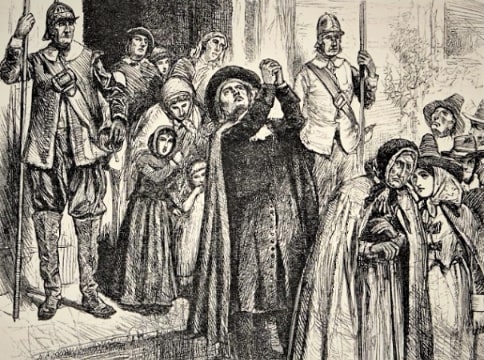 Illustration: Quaker prisoners released from the Boston jail due to the orders of King Charles II. Credit: from an illustrated version of John Greenleaf Whittier's poem "The King's Missive" published in "The Memorial History of Boston, including Suffolk County, Massachusetts, 1630-1880," 1880.