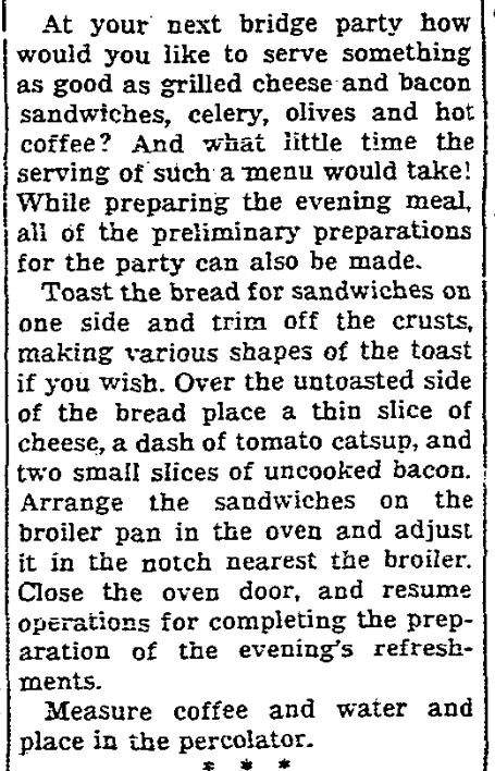 A recipe for grilled cheese sandwiches, Milwaukee Journal newspaper 20 May 1935