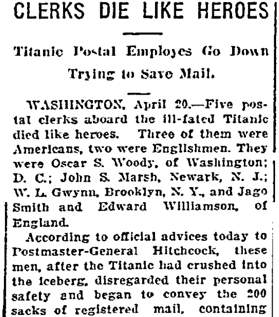 An article about the "Titanic," Oregonian newspaper 21 April 1912