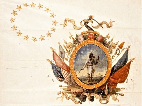 Photo: the Stroudwater Light Infantry Company banner, 1805. Painted silk. Courtesy of the Maine Historical Society, Portland, Cumberland County, Maine.