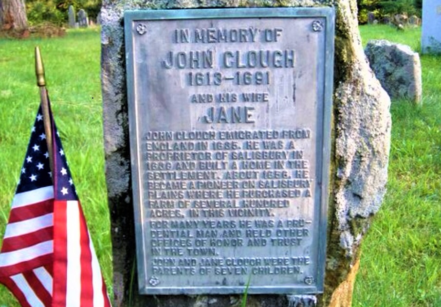 Photo: in 1946 the John Clough Genealogical Society gathered at the Clough family lot in Salisbury Plains to honor their ancestor John Clough, who first settled Salisbury, Massachusetts, in 1639, with this memorial tablet. John Clough was the grandfather of Stephen Merrill. Credit: the John Clough Genealogical Society.