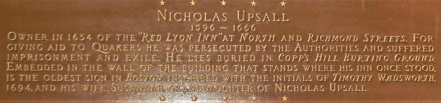 Photo: a portion of the John Winthrop/Nicholas Upsall (Upshall)/Cotton Mather/John Hull marker located at Boston’s North End in Massachusetts. The marker is on Unity Street in the Paul Revere Mall. Courtesy of Beverly Pfingsten.
