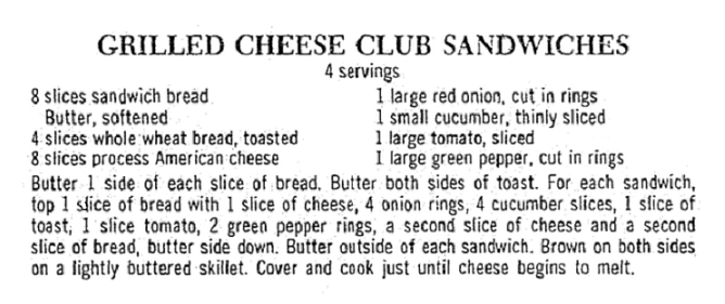 A recipe for grilled cheese sandwiches, Register-Republic newspaper 9 November 1977