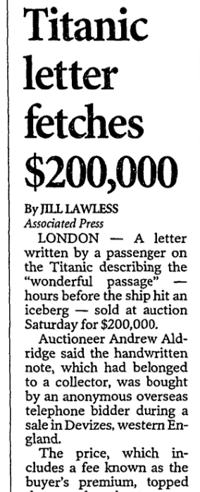 An article about the "Titanic," Sarasota Herald-Tribune newspaper 27 April 2014