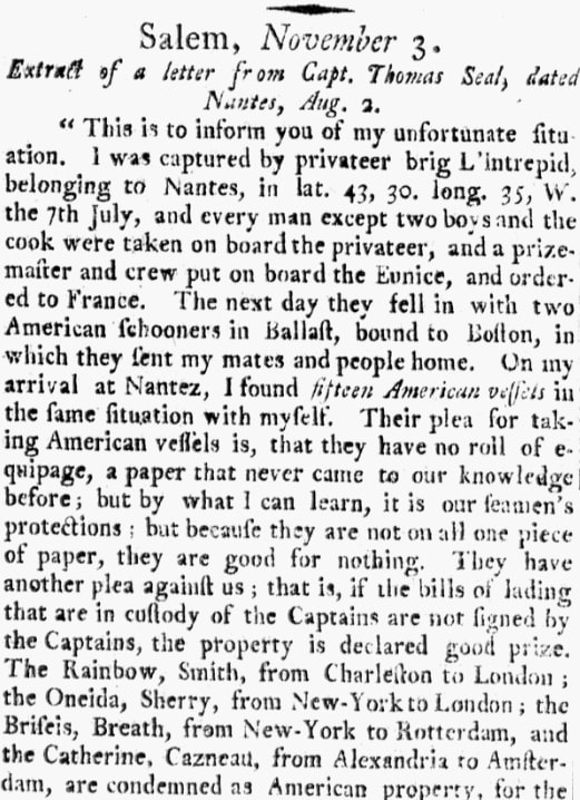 An article about the capture of the ship "Eunice," Springer’s Weekly Oracle newspaper 18 November 1797