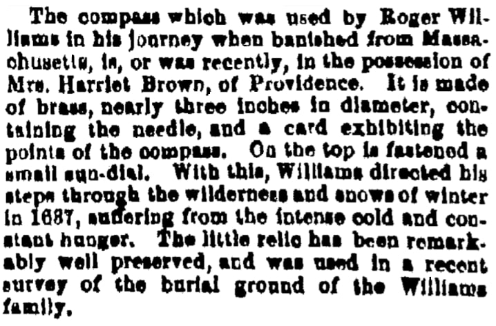 An article about Roger Williams, Albany Evening Journal newspaper 24 December 1860