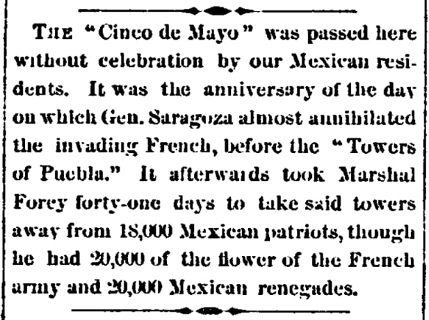An article about Cinco de Mayo, Arizona Sentinel newspaper 11 May 1878