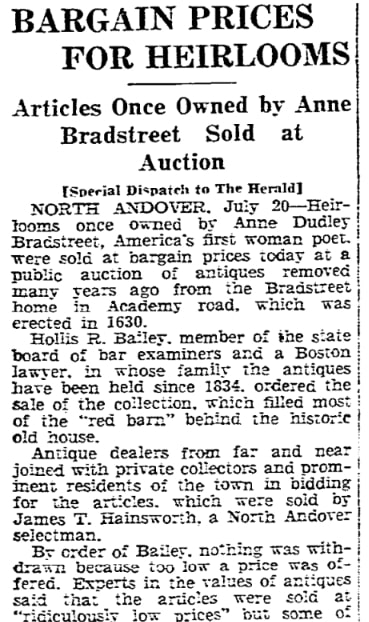 An article about Anne Dudley Bradstreet, Boston Herald newspaper 21 July 1934
