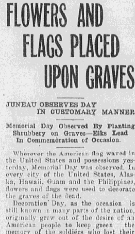An article about Decoration Day, Daily Alaska Dispatch newspaper 31 May 1913