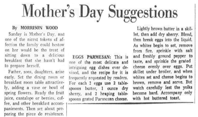 A recipe for eggs parmesan, Dallas Morning News newspaper 5 May 1960