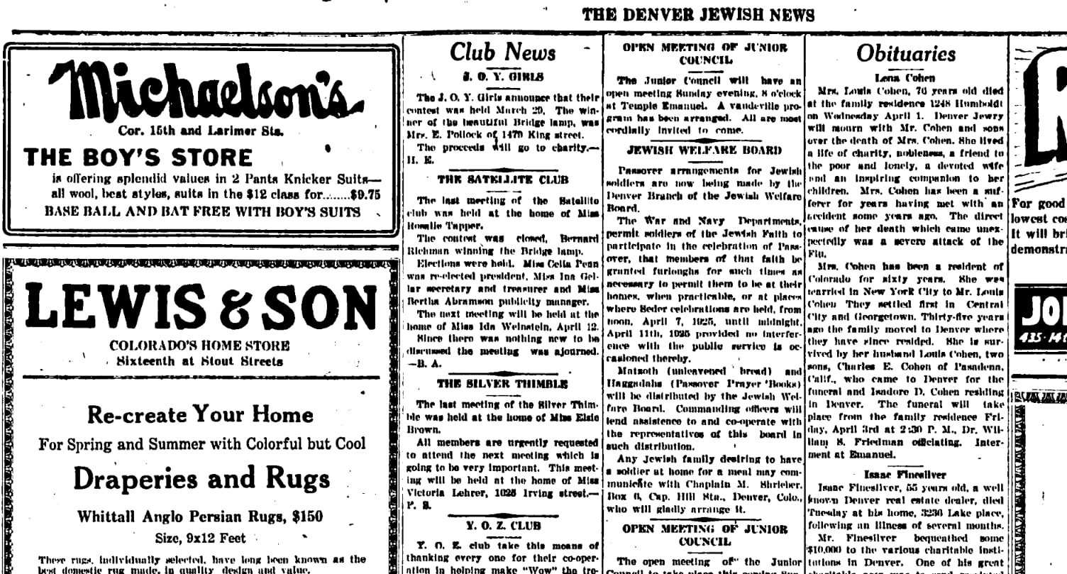 News and ads, Denver Jewish News newspaper 2 April 1925