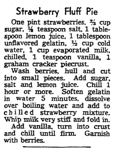 A recipe for strawberry pie, Detroit Times newspaper 30 April 1944 