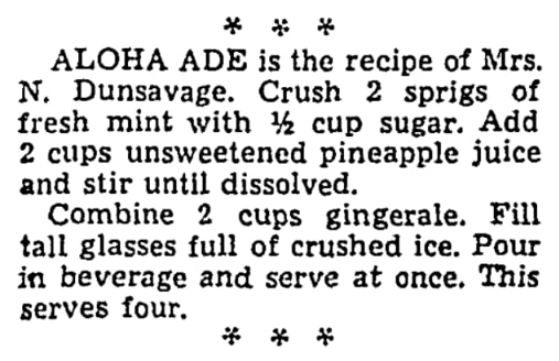 A recipe for aloha ade, El Paso Herald-Post newspaper 24 April 1952