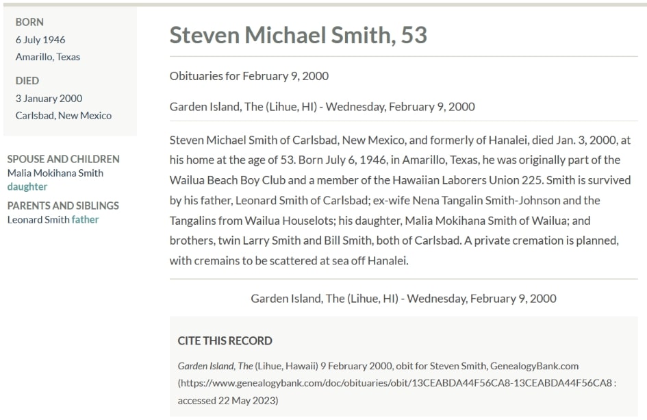 An obituary for Steven Smith, Garden Island newspaper 9 February 2000
