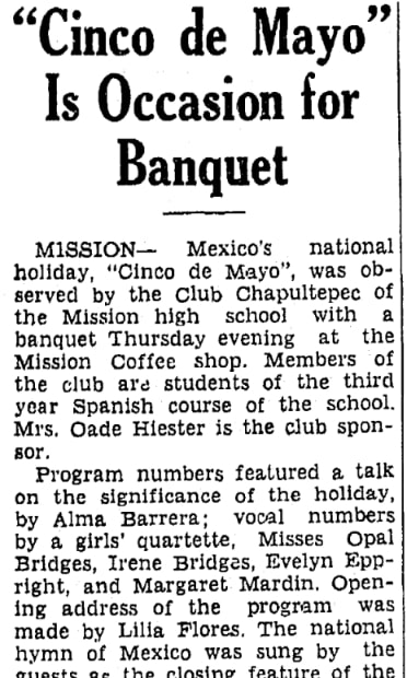 An article about Cinco de Mayo, Heraldo de Brownsville newspaper 10 May 1938