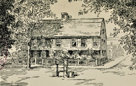 Illustration: the Salem Witch House, famous for its connection to Judge Corwin and the witch trials of 1692, located at 310 Essex Street, Salem, Massachusetts. The lot was first occupied by Roger Williams, then Captain Richard Davenport and his wife, Elizabeth Hathorne. From “The Whole History of Grandfather’s Chair; or, True Stories from New England History, 1620-1803” by Nathaniel Hawthorne, 1898. Credit: Wikimedia Commons.