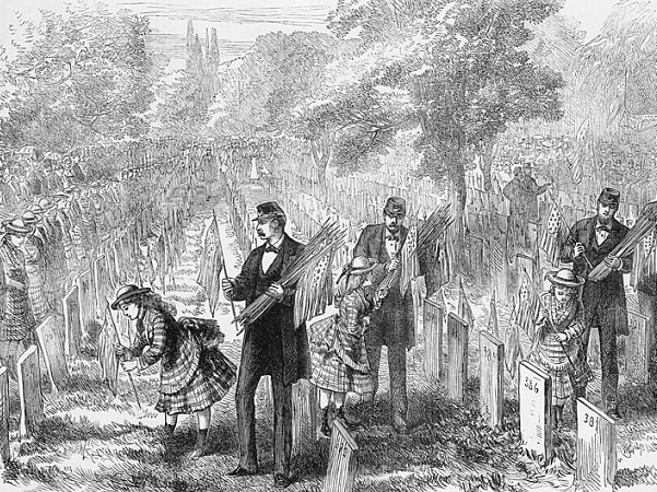 Illustration: “Orphans decorating their fathers’ graves in Glenwood Cemetery, Philadelphia, on Decoration Day,” 1876. Credit: Library of Congress, Prints and Photographs Division.