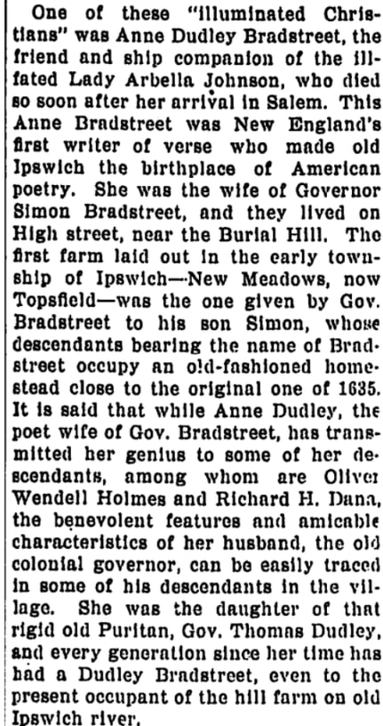 An article about Anne Dudley Bradstreet, Kalamazoo Gazette newspaper 20 September 1895