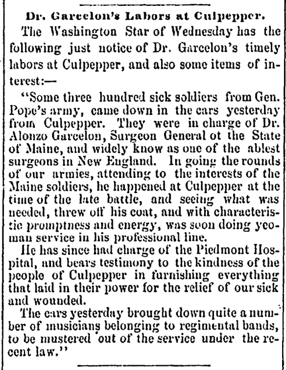 An article about Alonzo Garcelon, Lewiston Evening Journal newspaper 25 August 1862