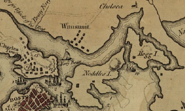 Map: “A plan of the town and harbour of Boston and the country adjacent with the road from Boston to Concord, shewing the place of the late engagement [Battle of Chelsea Creek] between the King’s troops & the provincials, together with the several encampments of both armies in & about Boston. Taken from an actual survey. Humbly inscribed to Richd. Whitworth by J. De Costa; C. Hall, sc.” Created: July 29, 1775, London. Credit: Library of Congress, Geography and Map Division.