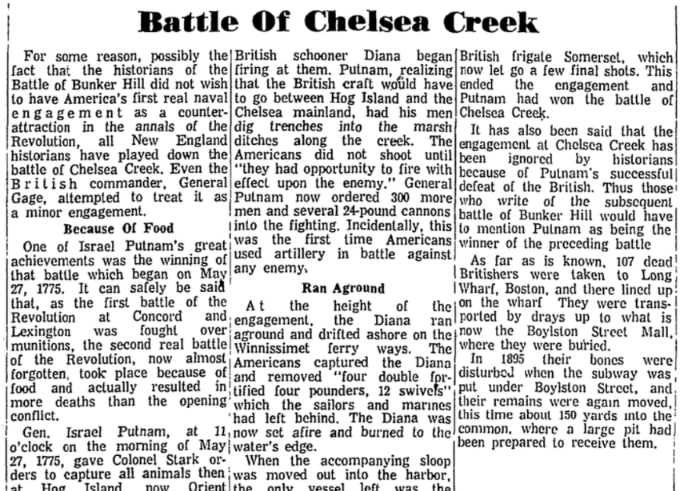 An article about the Battle of Chelsea Creek, Patriot Ledger newspaper 11 May 1970
