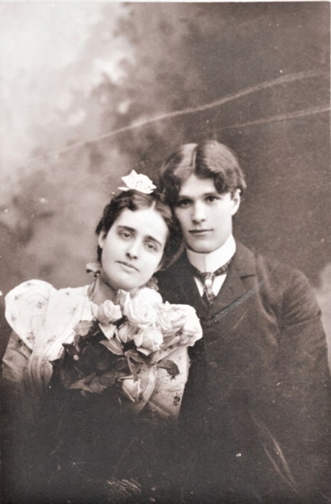 Photo: Alonzo Garecelon’s grandson Albert Bertram Garcelon (1879-1963), son of Charles Augustus Garcelon and Esther Coffin, with his wife Helen Abbott Stowell (1878-1963), daughter of Frederick Billings Stowell and Ellen Jane Collar. The couple together descend from Mayflower passengers John Alden, Priscilla Mullins, and William Bradford. The photo was taken on the couple’s wedding day on 6 May 1905 in California. Courtesy of David Garcelon of Maine. He is a surveyor, historian and author.